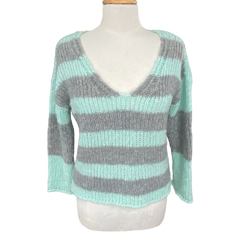 Knitss Dean Mohair Wool Blend Striped Sweater Metallic Accent Luxury Shaggy-XS